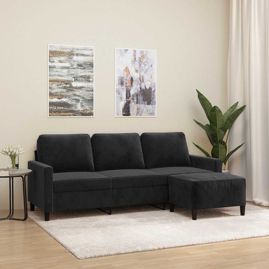 Divano a 3 Posti con Poggiapiedi Nero 180 cm in Velluto | homemem39