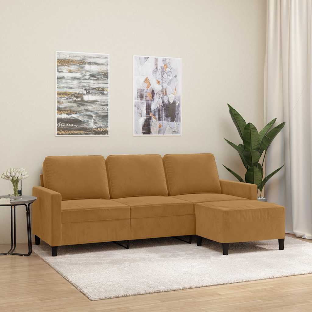 Divano a 3 Posti con Poggiapiedi Marrone 180 cm in Velluto | homemem39