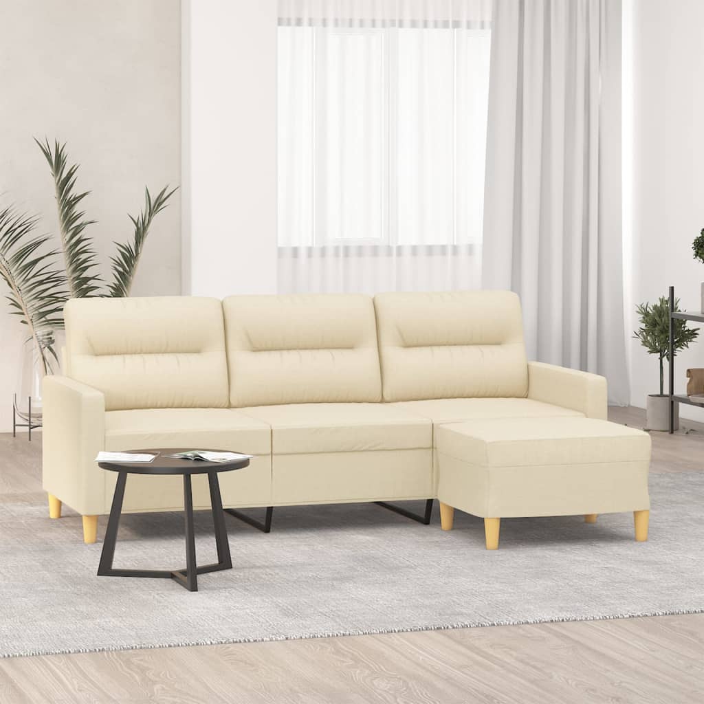 Divano a 3 Posti con Poggiapiedi Crema 180 cm in Tessuto | homemem39