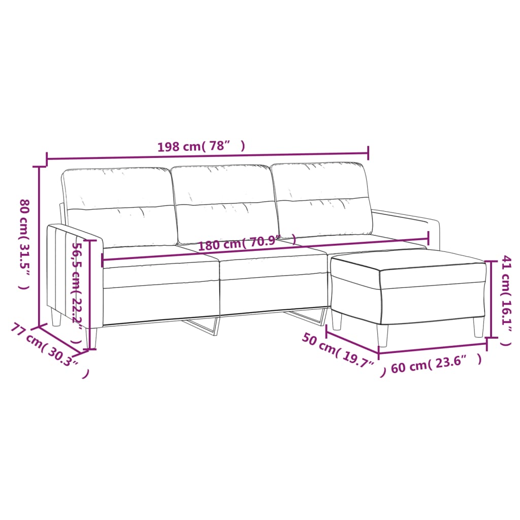 3 Seater Sofa with Black Footstool 180 cm in Fabric