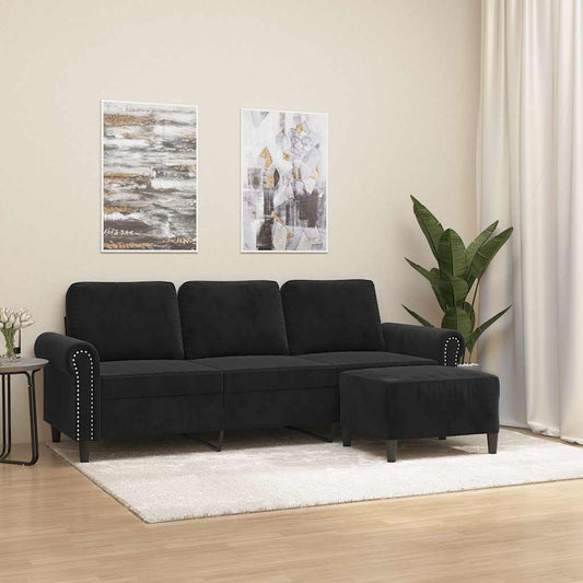 Divano a 3 Posti con Poggiapiedi Nero 180 cm in Velluto | homemem39