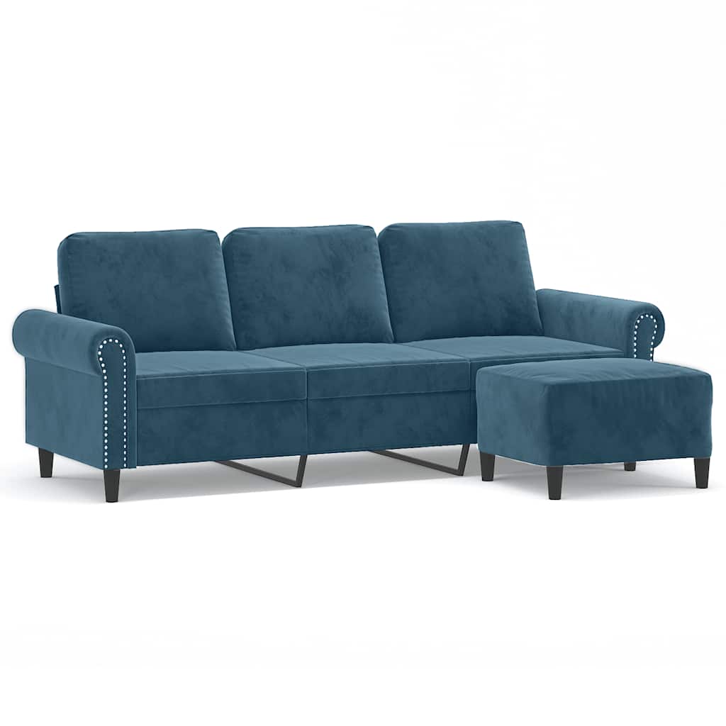 Divano a 3 Posti con Poggiapiedi Blu 180 cm in Velluto | homemem39