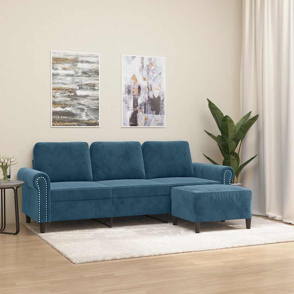 Divano a 3 Posti con Poggiapiedi Blu 180 cm in Velluto | homemem39