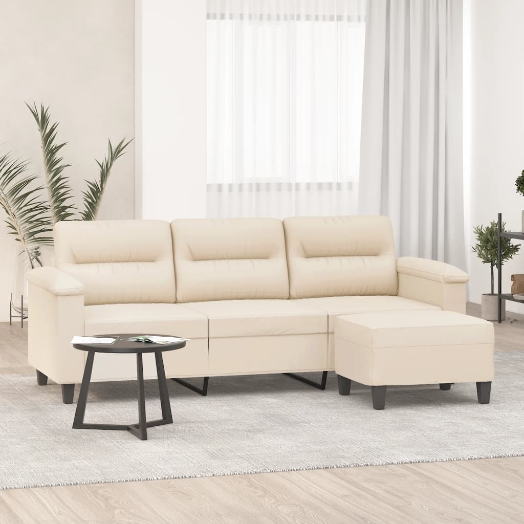 Divano a 3 Posti con Poggiapiedi Beige 180cm Tessuto Microfibra - homemem39