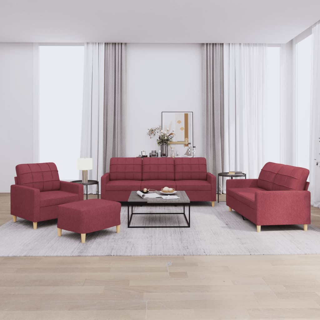Set di Divani 4 pz con Cuscini Rosso Vino in Tessuto | homemem39
