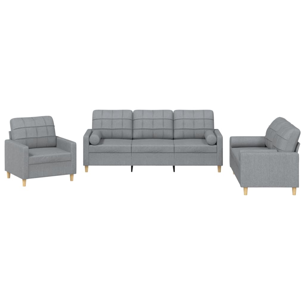 Set Divani 3 pz con Cuscini Grigio Chiaro in Tessuto