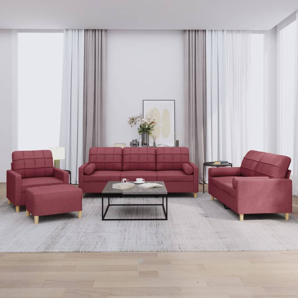 Set di Divani 4 pz con Cuscini Rosso Vino in Tessuto | homemem39