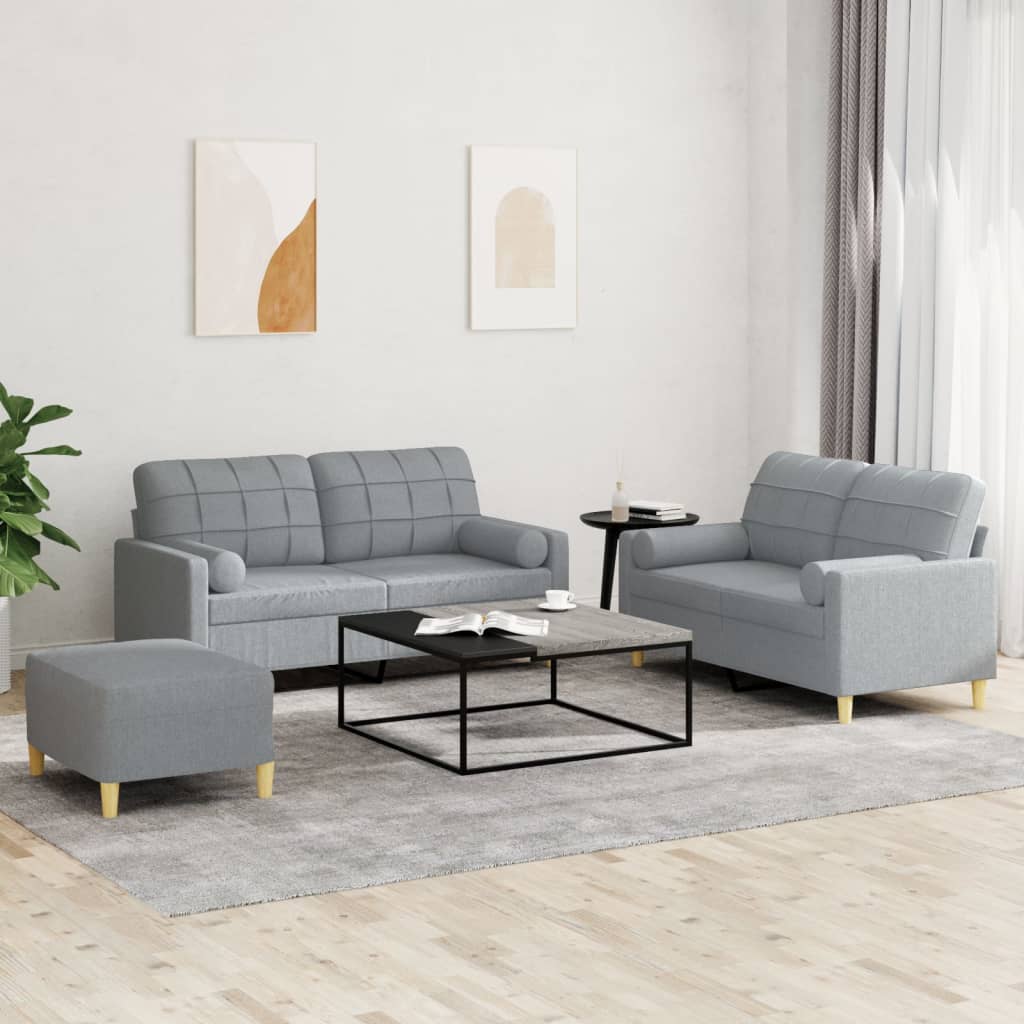 Set Divani 3 pz con Cuscini Grigio Chiaro in Tessuto | homemem39