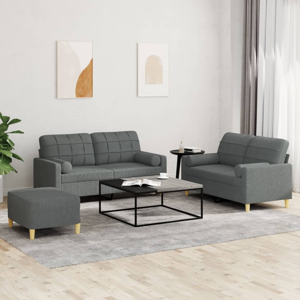 Set di Divani 3 pz con Cuscini Grigio Scuro in Tessuto | homemem39