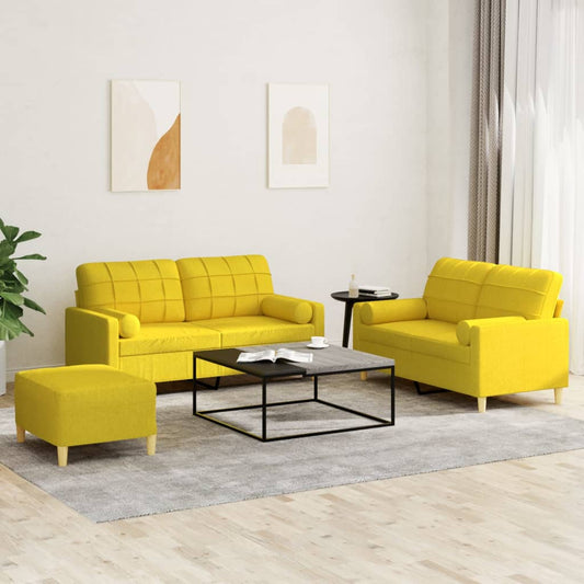 Set di Divani 3 pz con Cuscini Giallo Chiaro in Tessuto