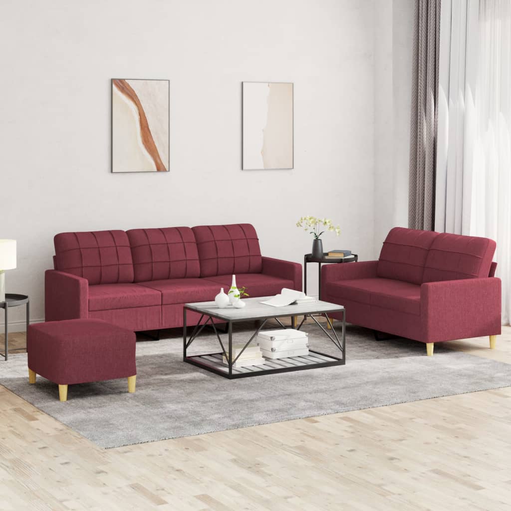 Set di Divani 3 pz con Cuscini Rosso Vino in Tessuto | homemem39