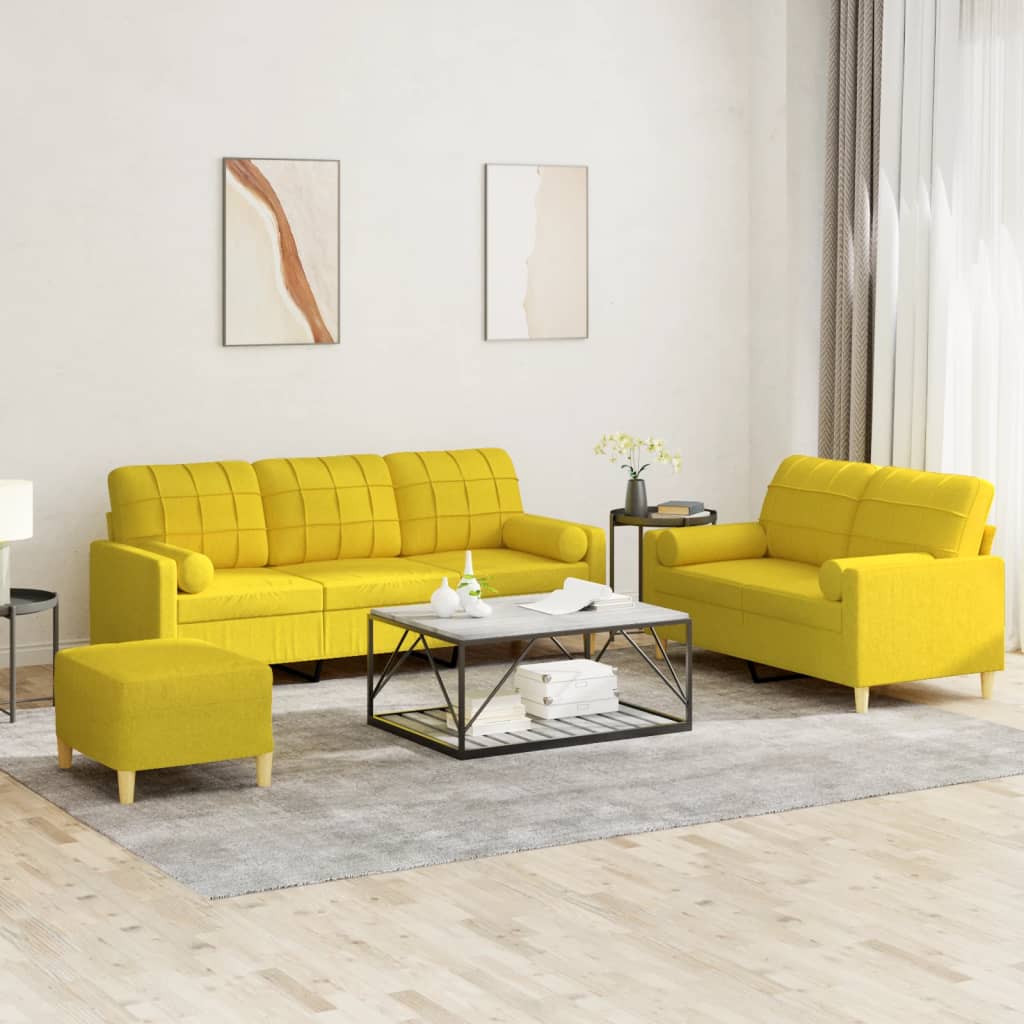 Set di Divani 3 pz con Cuscini Giallo Chiaro in Tessuto