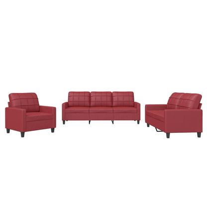 Set di Divani 3 pz con Cuscini Rosso Vino in Similpelle