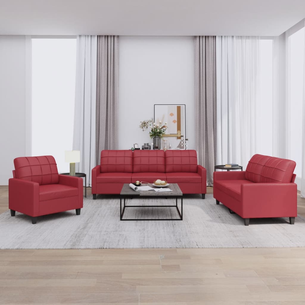 Set di Divani 3 pz con Cuscini Rosso Vino in Similpelle