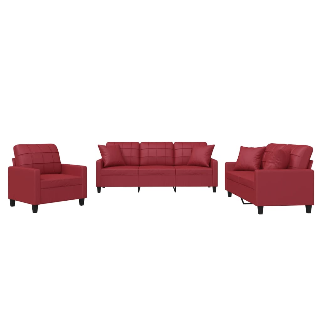 Set di Divani 3 pz con Cuscini Rosso Vino in Similpelle