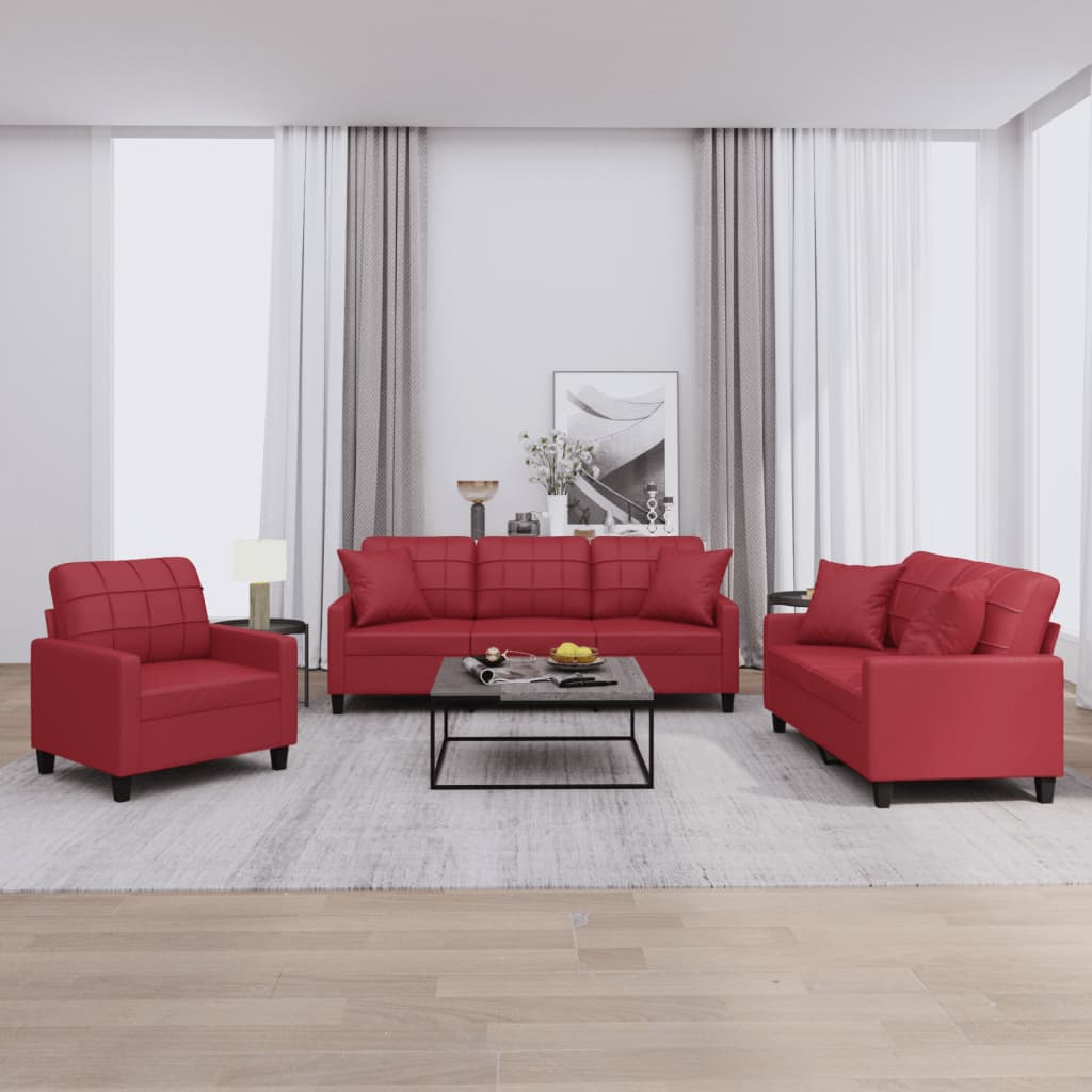 Set di Divani 3 pz con Cuscini Rosso Vino in Similpelle