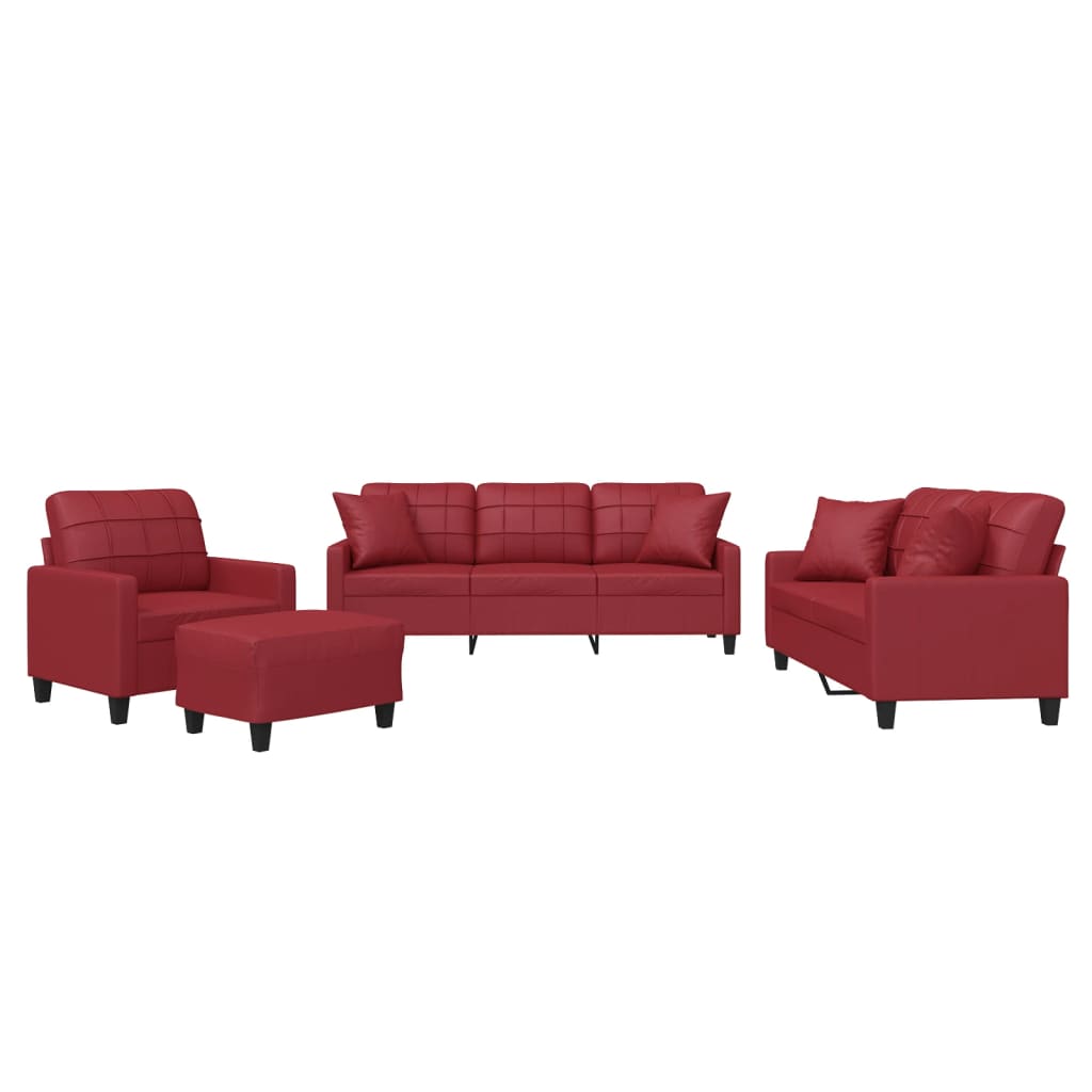 Set di Divani 4 pz con Cuscini Rosso Vino in Similpelle