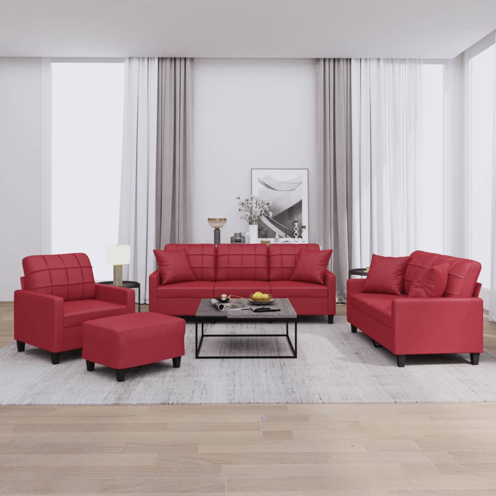 Set di Divani 4 pz con Cuscini Rosso Vino in Similpelle