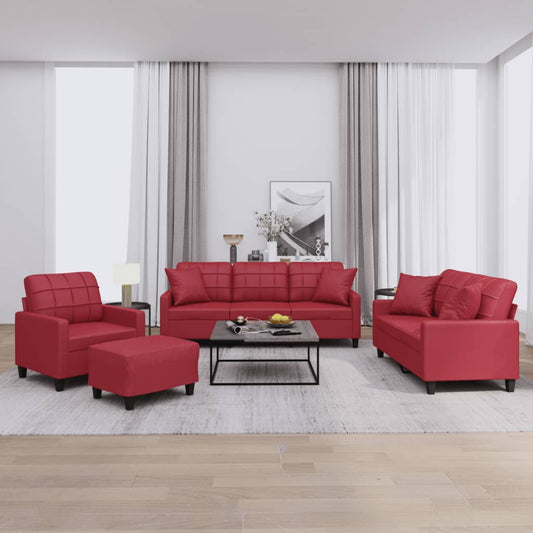 Set di Divani 4 pz con Cuscini Rosso Vino in Similpelle