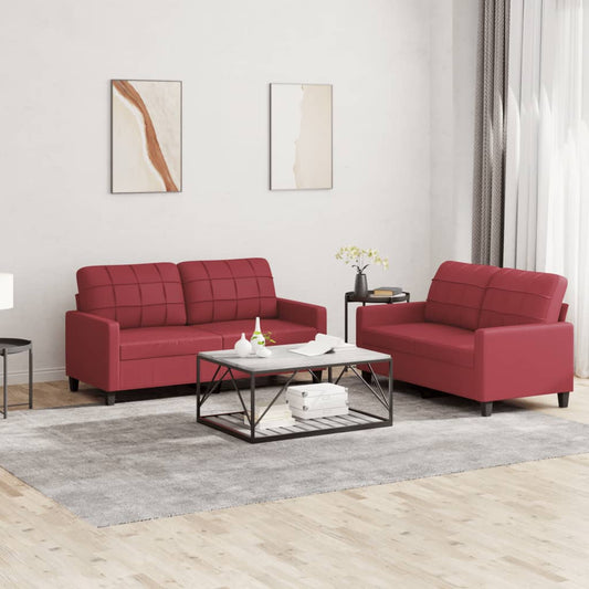 Set di Divani 2 pz con Cuscini Rosso Vino in Similpelle