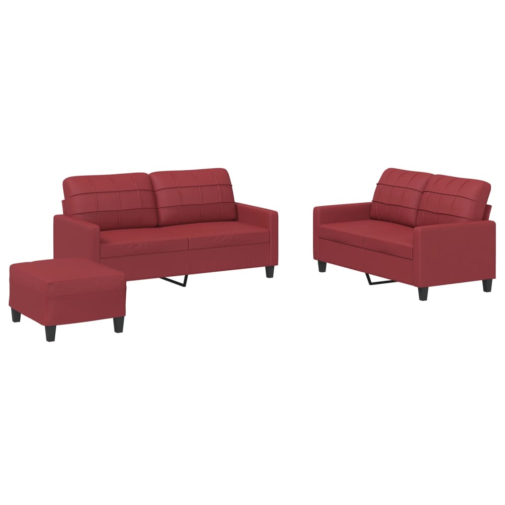 Set di Divani 3 pz con Cuscini Rosso Vino in Similpelle