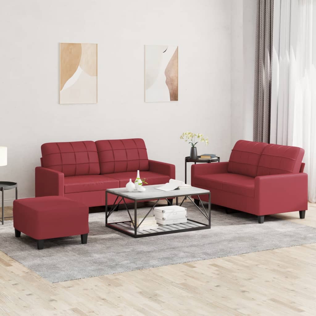 Set di Divani 3 pz con Cuscini Rosso Vino in Similpelle