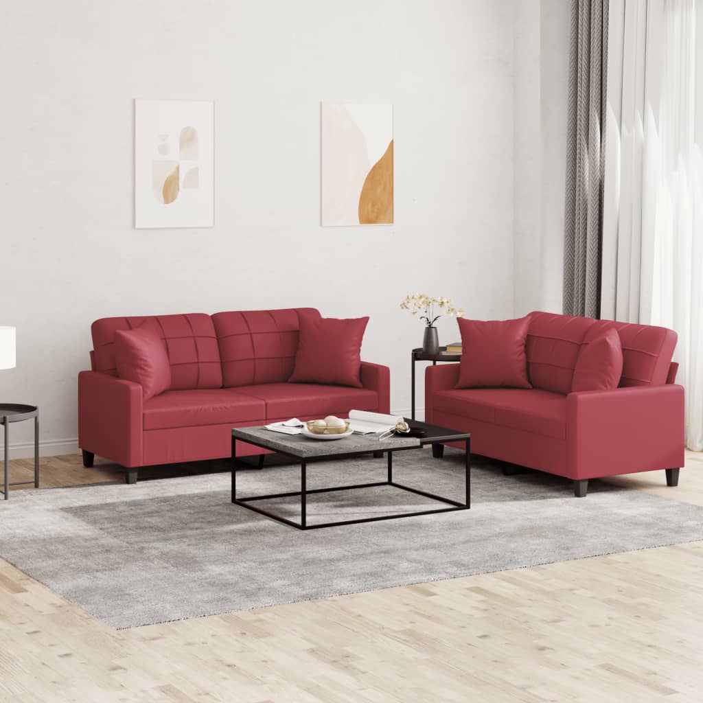 Set di Divani 2 pz con Cuscini Rosso Vino in Similpelle - homemem39