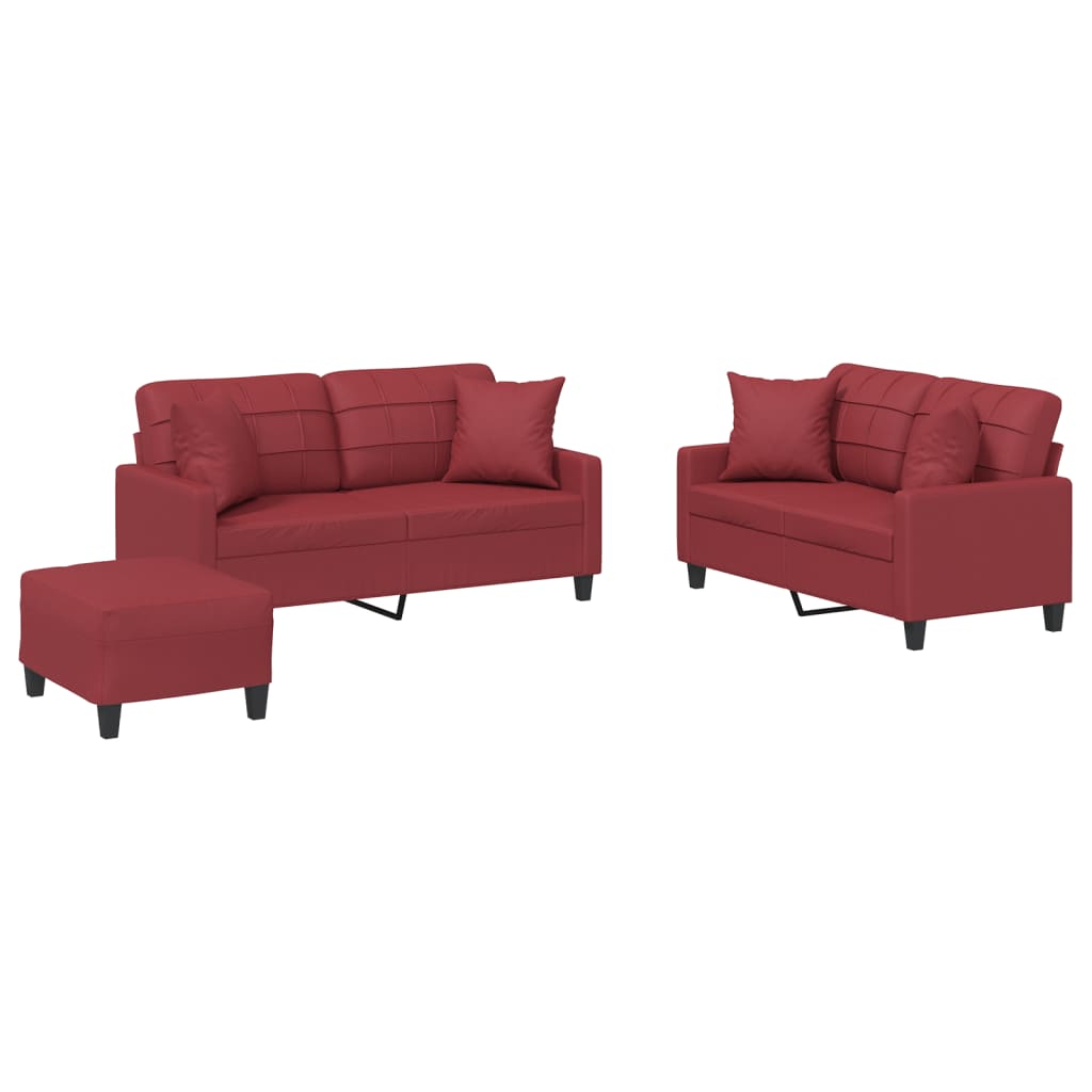 Set di Divani 3 pz con Cuscini Rosso Vino in Similpelle