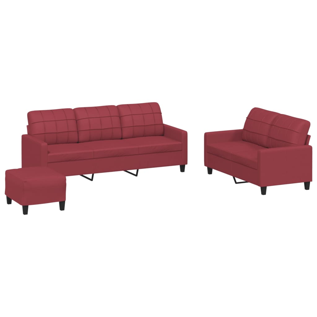 Set di Divani 3 pz con Cuscini Rosso Vino in Similpelle