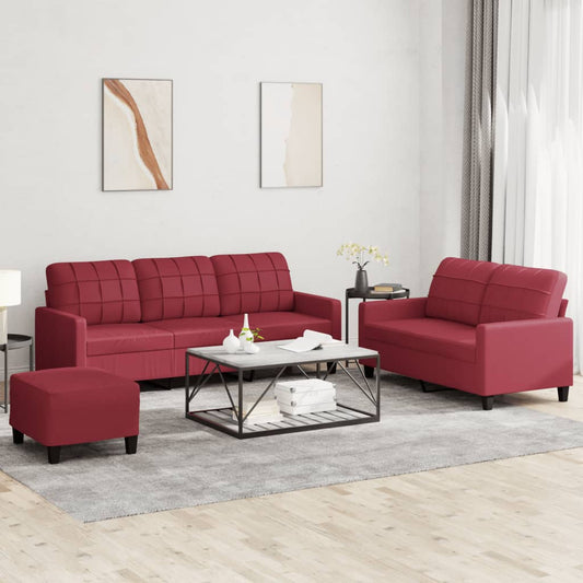 Set di Divani 3 pz con Cuscini Rosso Vino in Similpelle