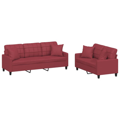 Set di Divani 2 pz con Cuscini Rosso Vino in Similpelle