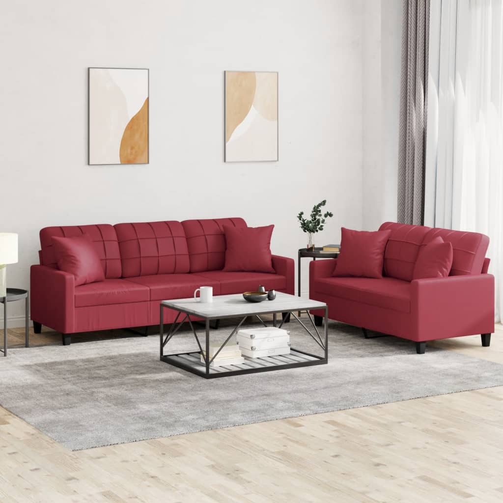 Set di Divani 2 pz con Cuscini Rosso Vino in Similpelle