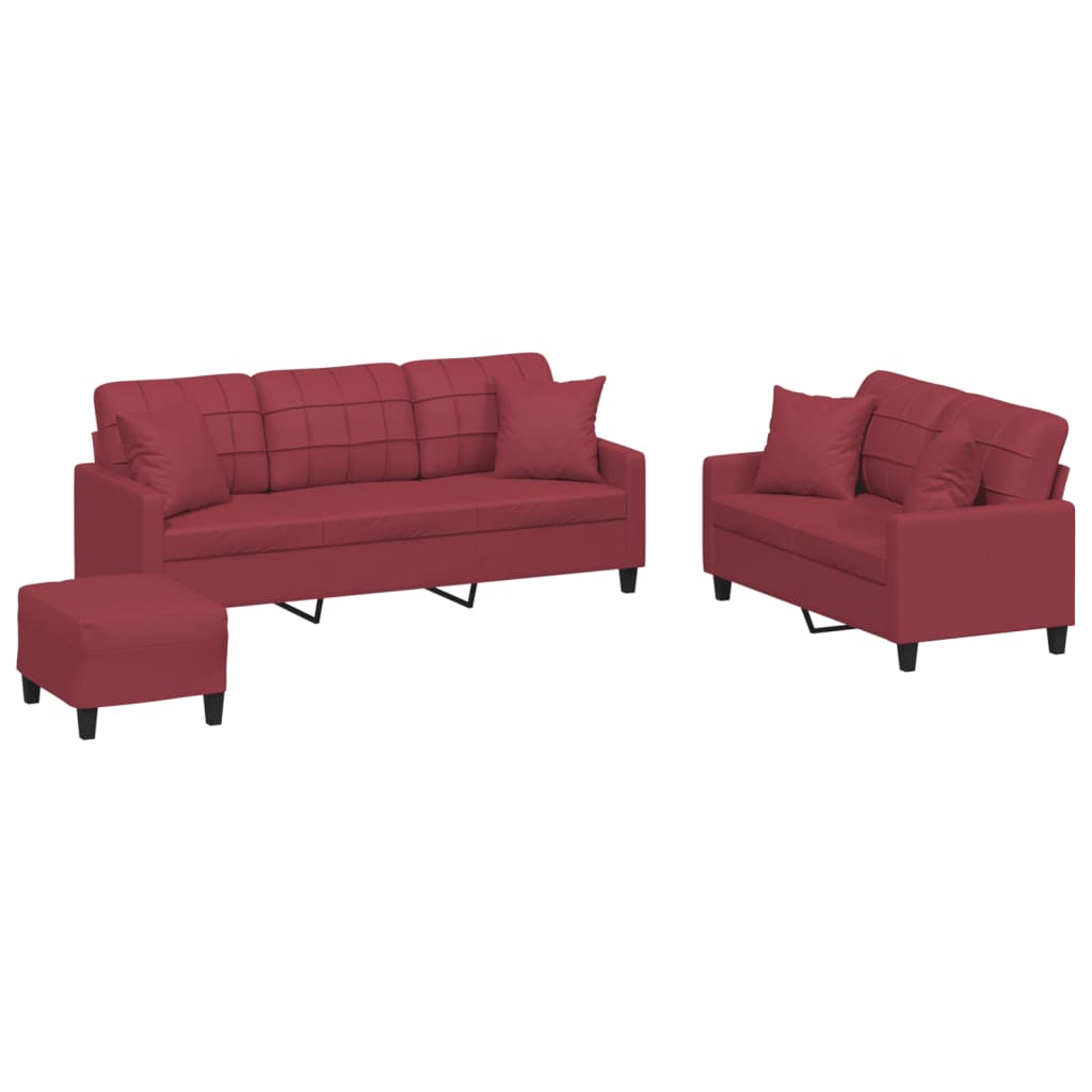 Set di Divani 3 pz con Cuscini Rosso Vino in Similpelle