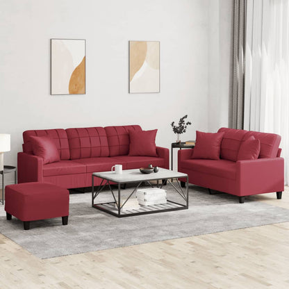 Set di Divani 3 pz con Cuscini Rosso Vino in Similpelle