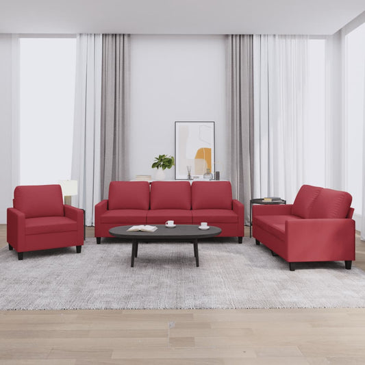 Set di Divani 3 pz con Cuscini Rosso Vino in Similpelle