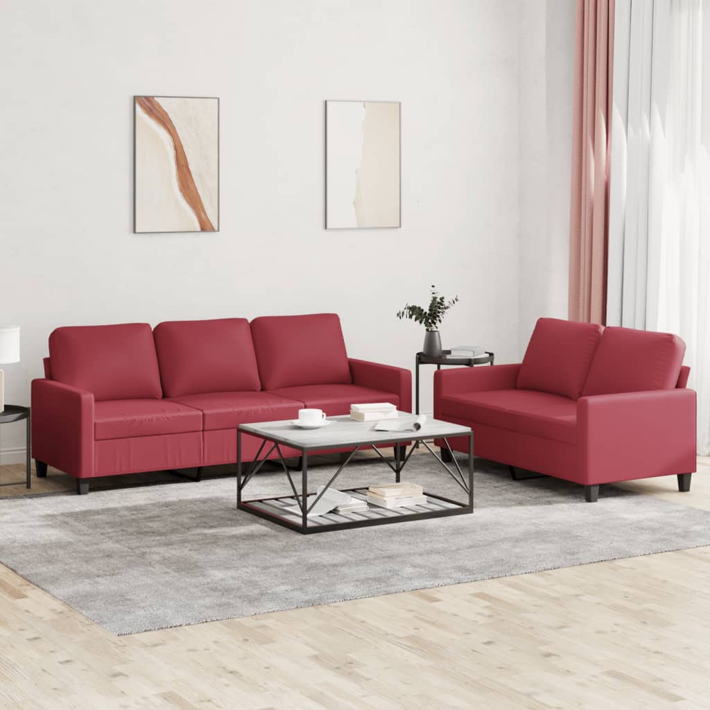 Set di Divani 2 pz con Cuscini Rosso Vino in Similpelle - homemem39