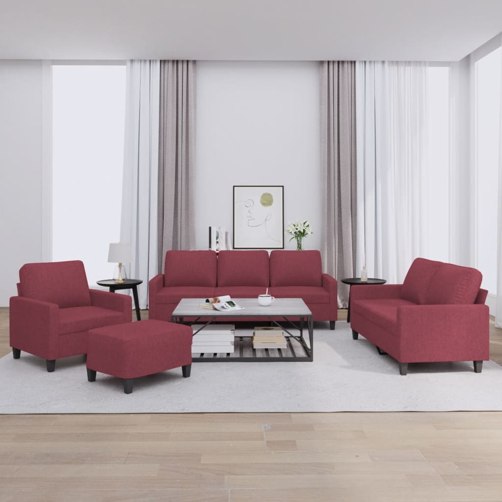 Set di Divani 4 pz con Cuscini Rosso Vino in Tessuto | homemem39