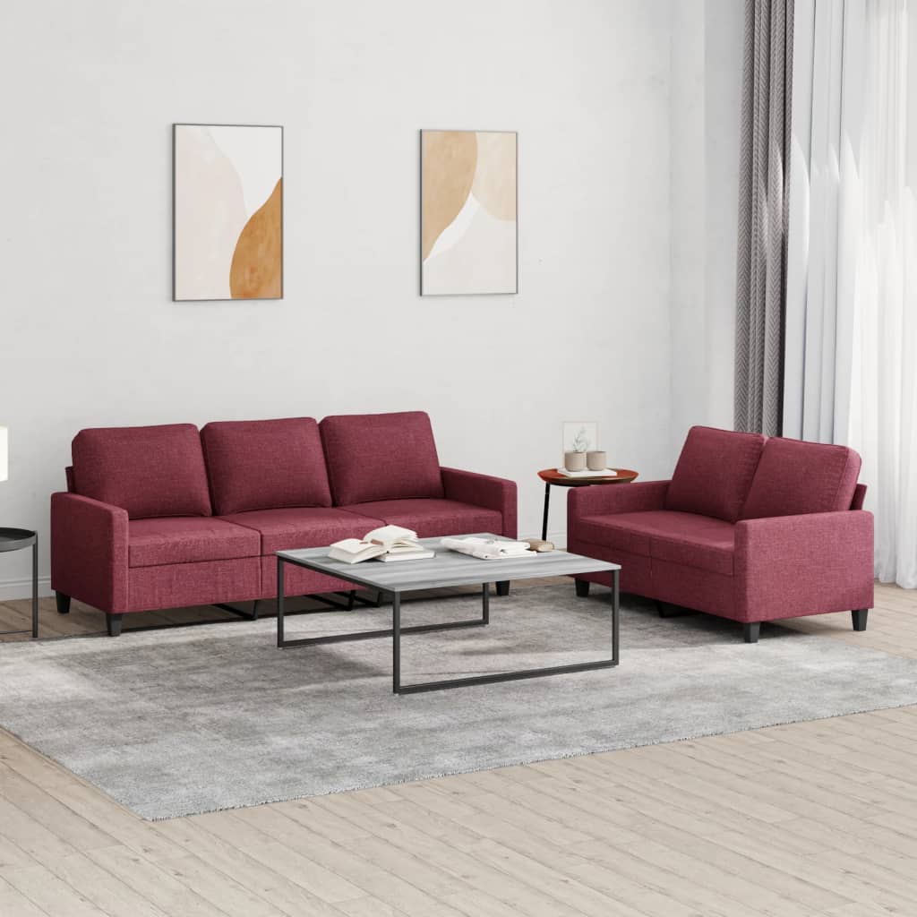 Set di Divani 2 pz con Cuscini Rosso Vino in Tessuto - homemem39
