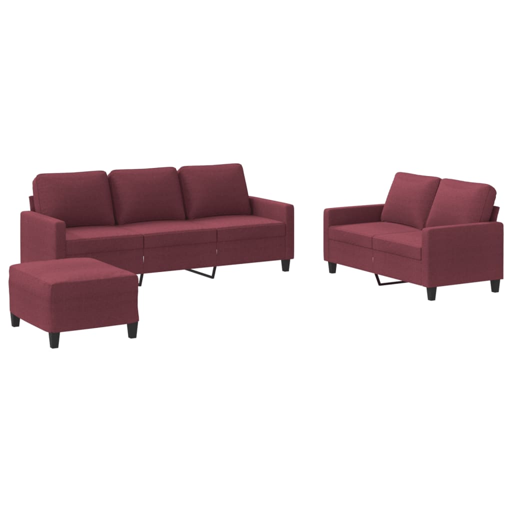Set di Divani 3 pz con Cuscini Rosso Vino in Tessuto - homemem39