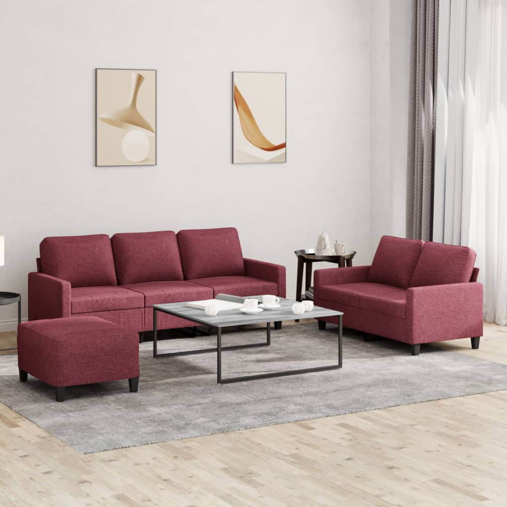 Set di Divani 3 pz con Cuscini Rosso Vino in Tessuto - homemem39