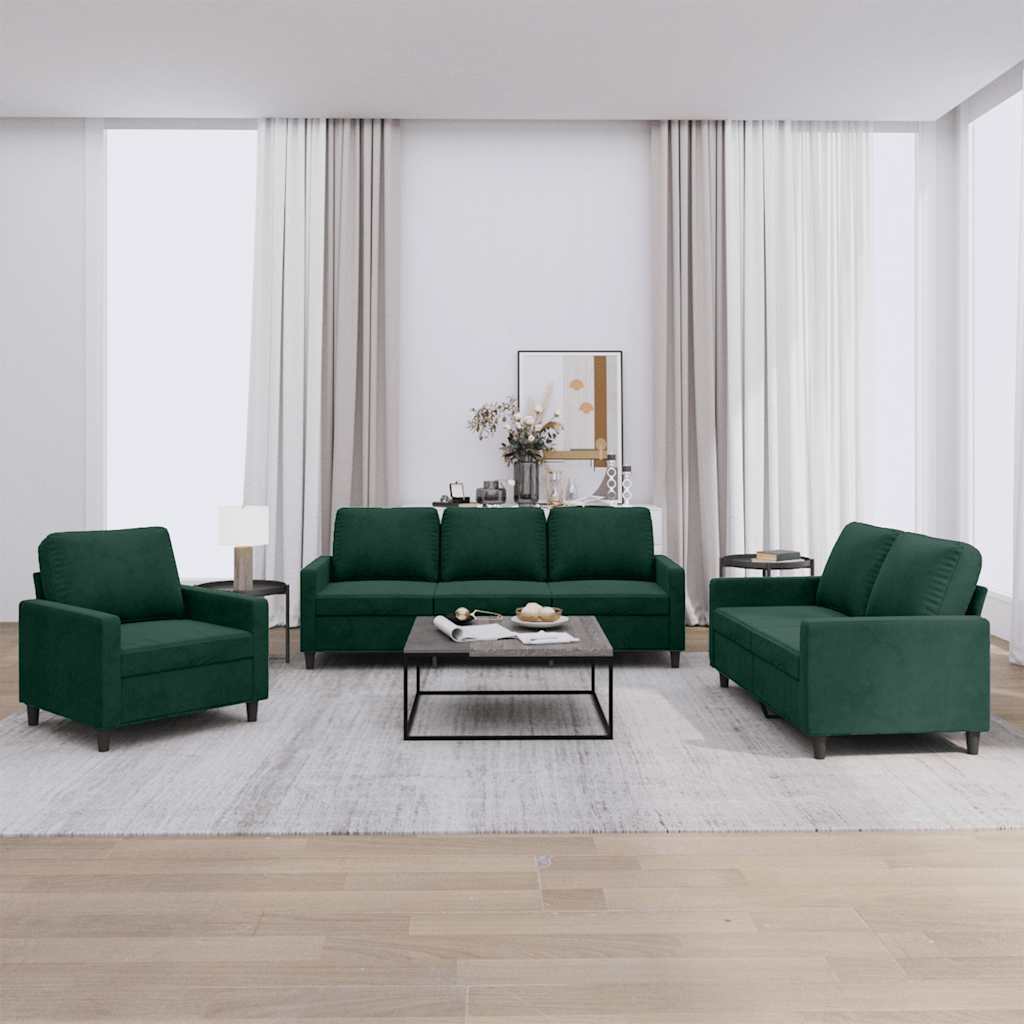 Set di Divani 3 pz con Cuscini Verde scuro in Velluto | homemem39