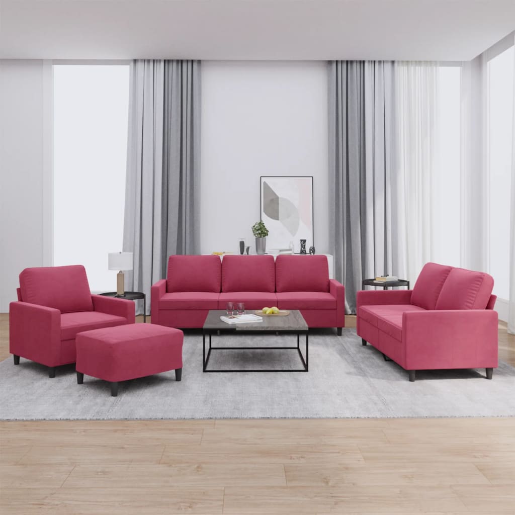 Set di Divani 4 pz con Cuscini Rosso Vino in Velluto | homemem39
