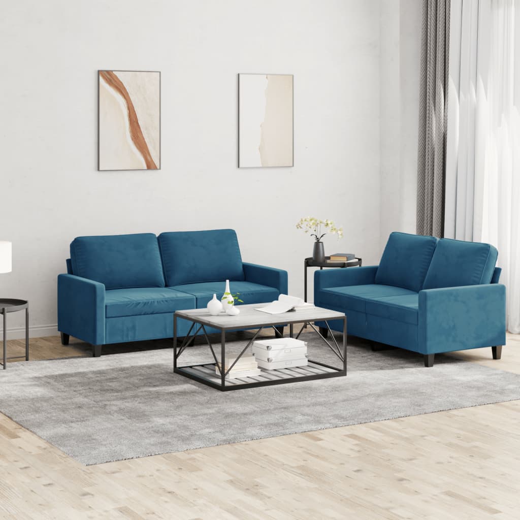 Set di Divani 2 pz con Cuscini Blu in Velluto