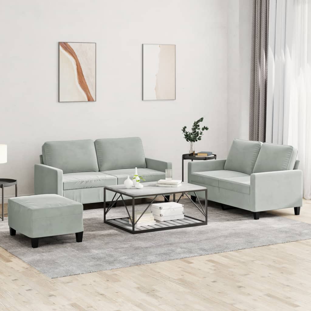 Set di Divani 3 pz con Cuscini Grigio Chiaro in Velluto | homemem39