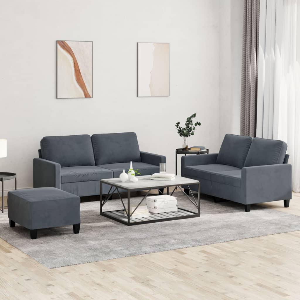 Set di Divani 3 pz con Cuscini Grigio Scuro in Velluto - homemem39