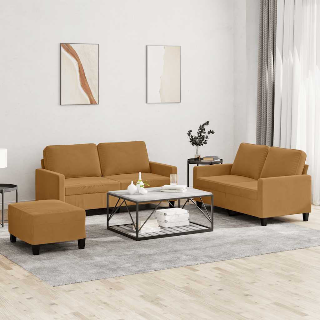 Set di Divani 3 pz con Cuscini Marrone in Velluto