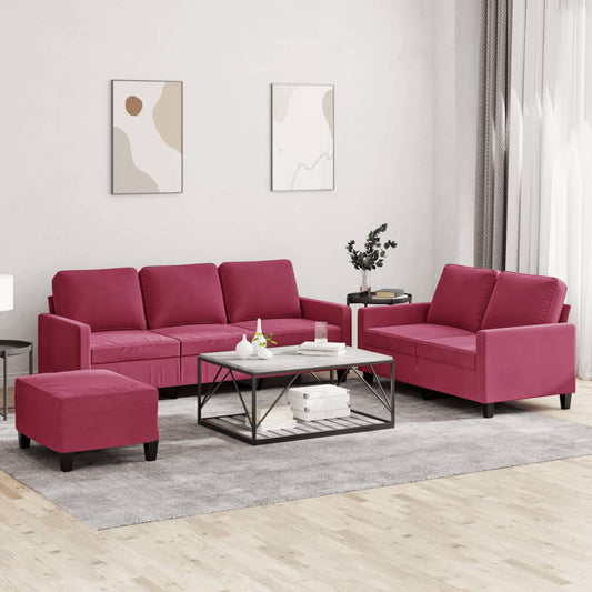 Set di Divani 3 pz con Cuscini Rosso Vino in Velluto