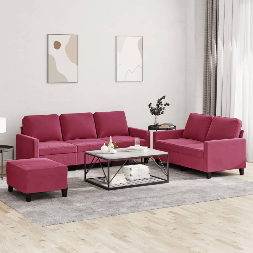 Set di Divani 3 pz con Cuscini Rosso Vino in Velluto - homemem39
