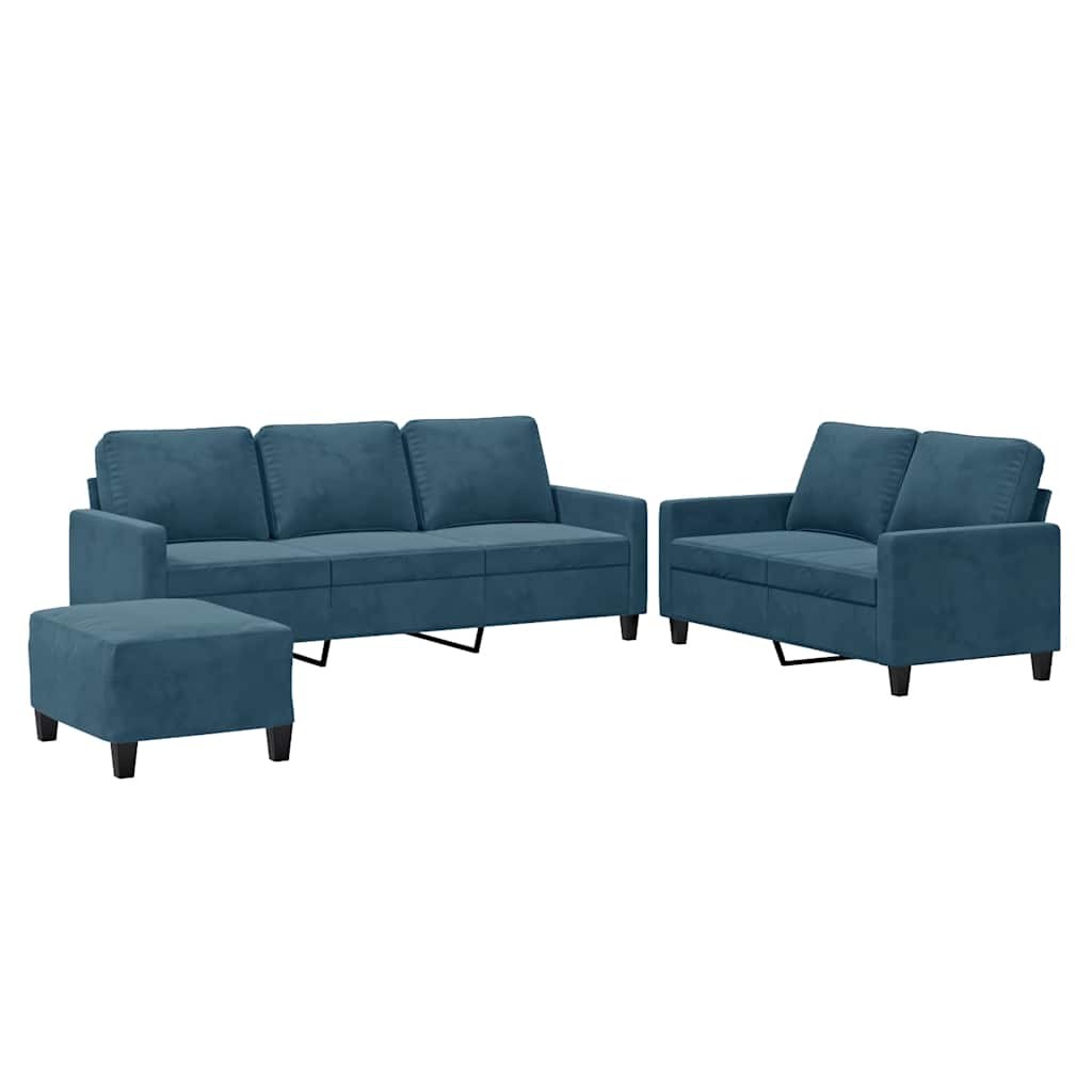 Set di Divani 3 pz con Cuscini Blu in Velluto