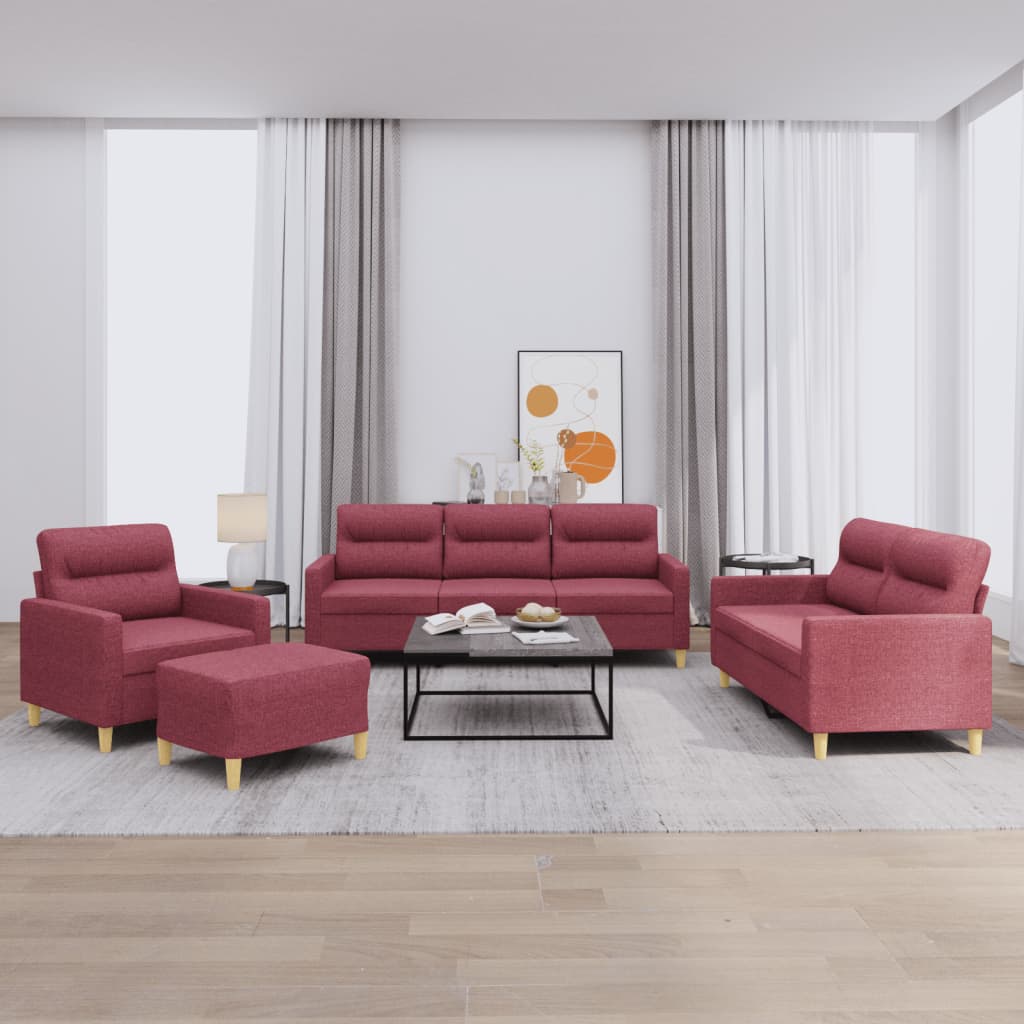 Set di Divani 4 pz con Cuscini Rosso Vino in Tessuto | homemem39